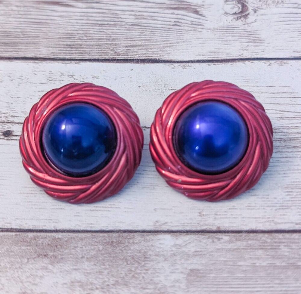 Vintage Clip On Earrings - Red Halo with Purple Center 1 & 3/8"